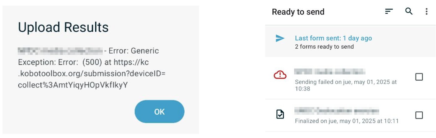 Screenshot showing a failed submission